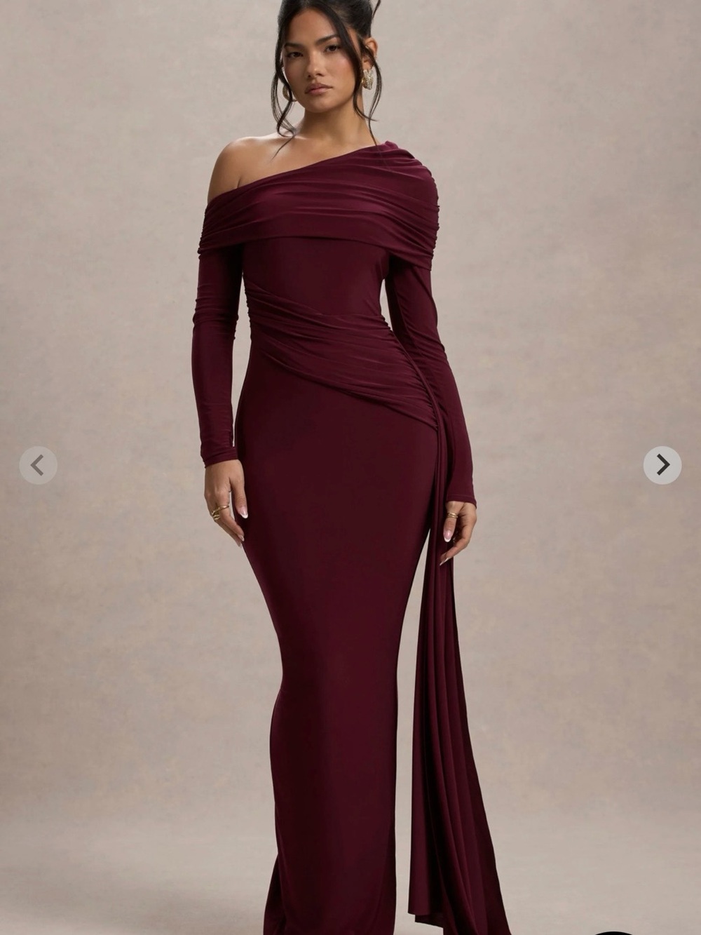Club L London Wine One-Shoulder Ruched Evening Gown - Picture 4 of 6